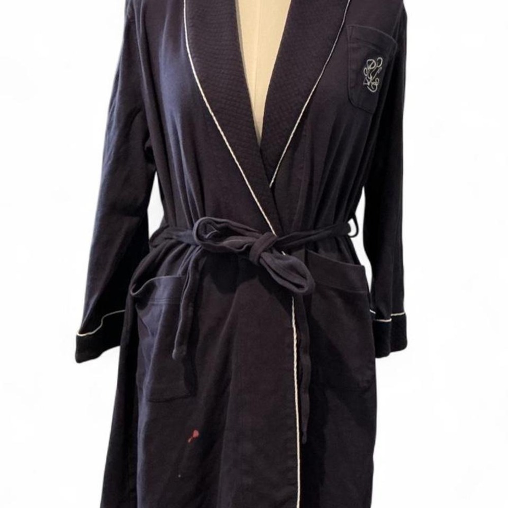 Lauren Ralph Lauren Robe M Navy Blue Good Cotton Monogram Piping Loungewear